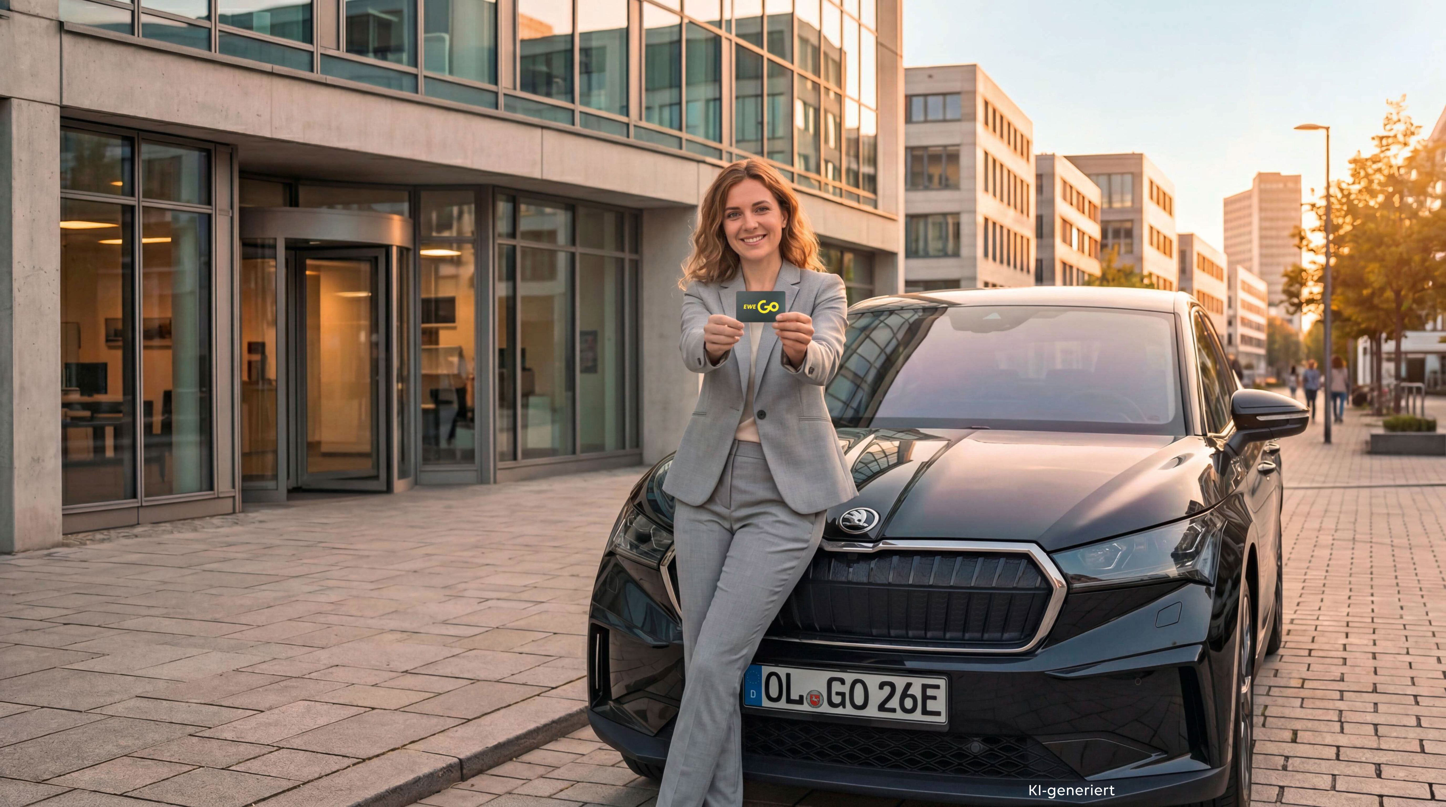 Frau mit Ladekarte in der Hand lehnt sich an ein Auto und lächelt.