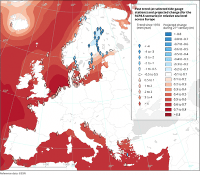 Europakarte mit grafischer Darstellung der Wassertemperaturen der Meere, die Europa umgeben.
