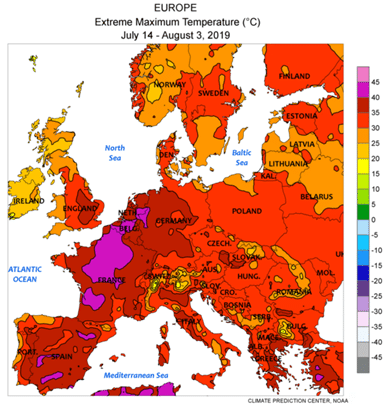 Europakarte mit grafischer Darstellung der Extreme Maximum Temperature im Zeitraum 14. Juli 2019 bis 3. August 2019