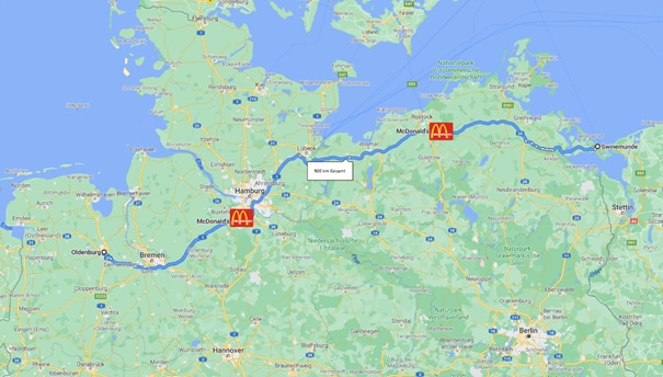 Landkarte mit Darstellung einer Fahrtroute von Swinemünde nach Oldenburg.